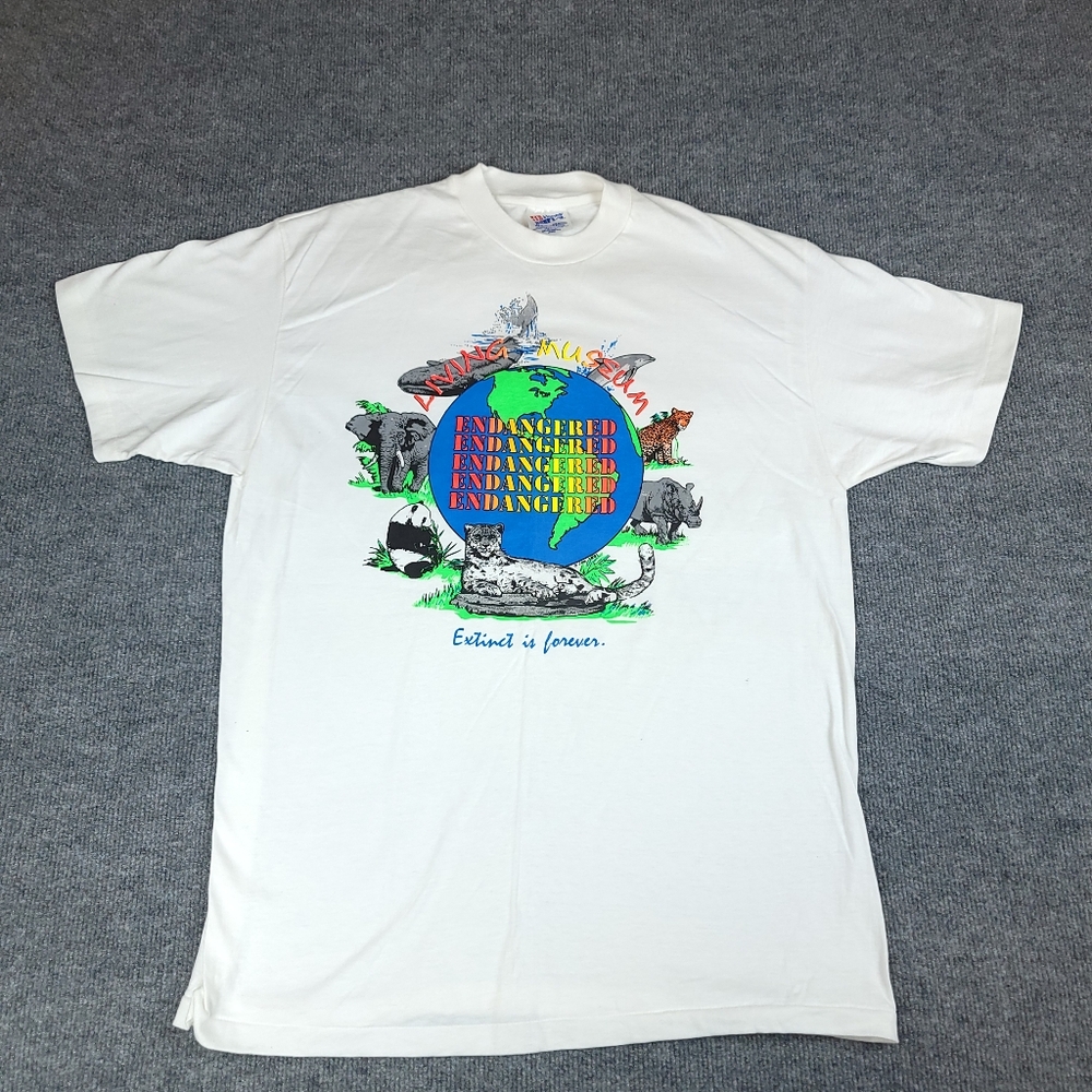 VTG 90s Endangered Species Animal Museum White T-Shirt Adult L Single Stitch